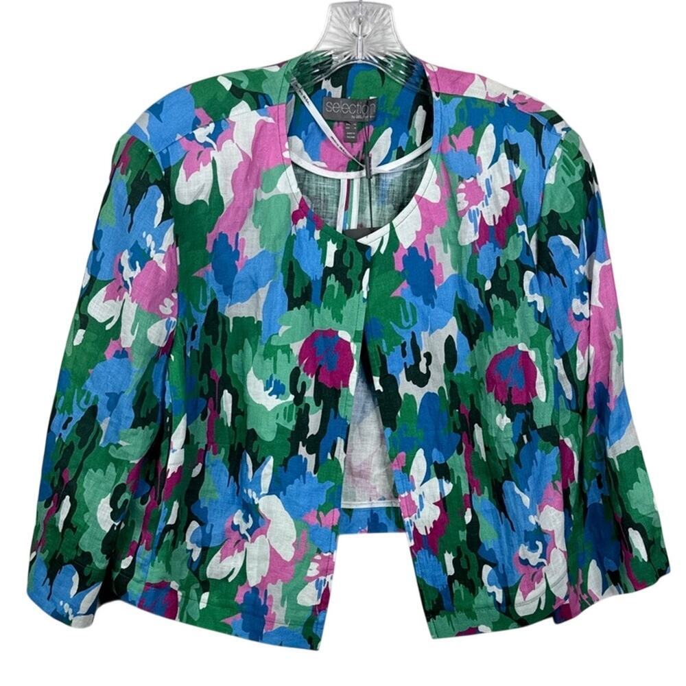 Ulla Popken Size 16 100% Linen Short Sleeve Floral Cropped Blazer Jacket NWT